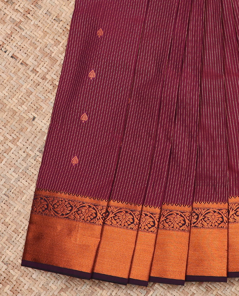 Maroon Budget Silk Saree Adorned with Dotted Zari Stripes and Zari Buttas, Complemented by a Contrasting Temple Floral Creeper Design Zari Border, Intricately Woven Jaal Pallu, and a Contrasting Zari-Bordered Blouse