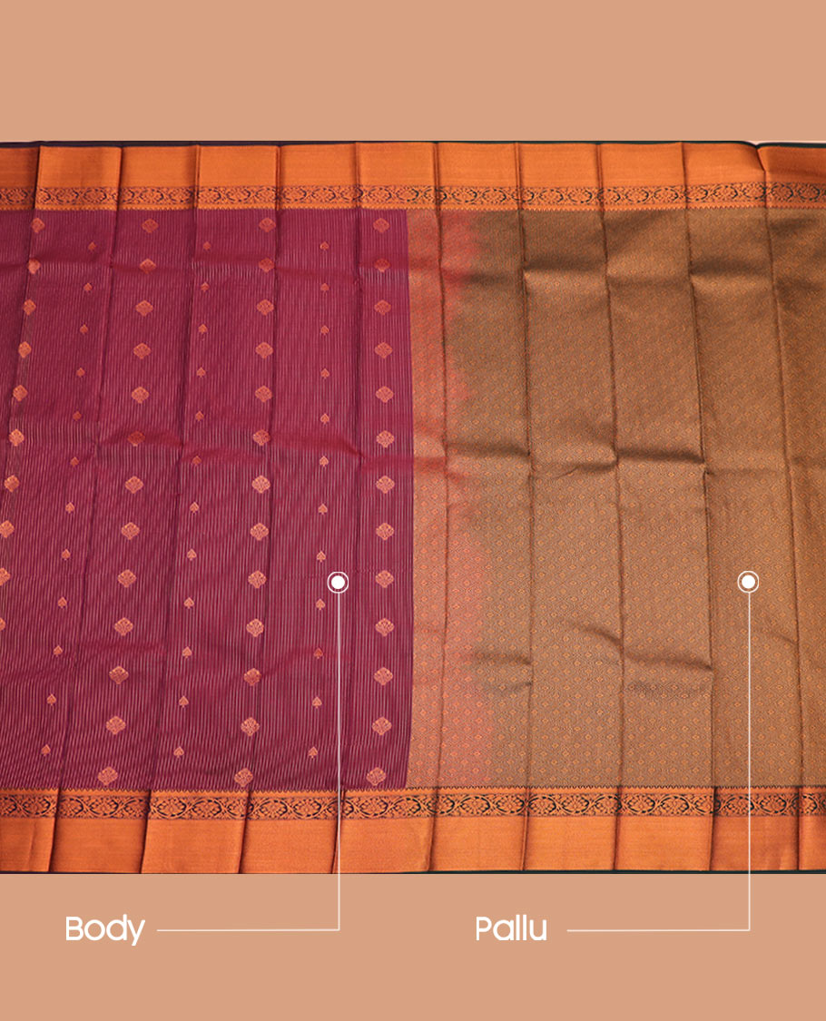 Maroon Budget Silk Saree Adorned with Dotted Zari Stripes and Zari Buttas, Complemented by a Contrasting Temple Floral Creeper Design Zari Border, Intricately Woven Jaal Pallu, and a Contrasting Zari-Bordered Blouse
