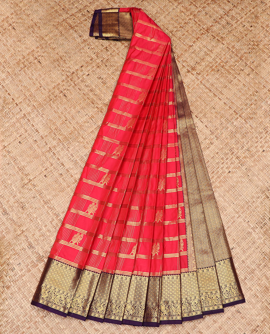 Red Budget Silk Saree Detailed with Zari Buttas and Stripes, Complemented by a Contrast Traditional Zari Border, Zari Embellished Pallu, and Paired with a Contrast Blouse