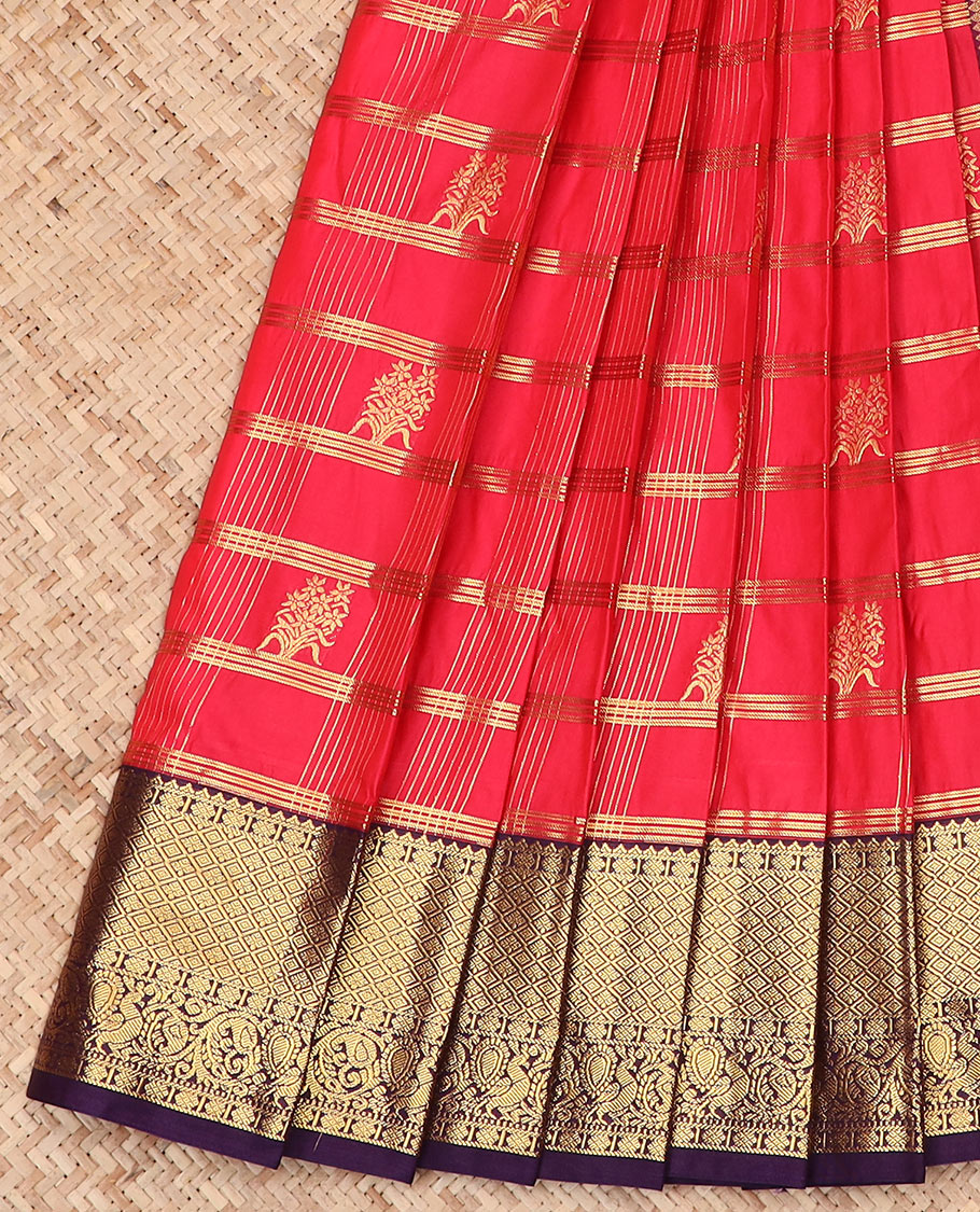 Red Budget Silk Saree Detailed with Zari Buttas and Stripes, Complemented by a Contrast Traditional Zari Border, Zari Embellished Pallu, and Paired with a Contrast Blouse