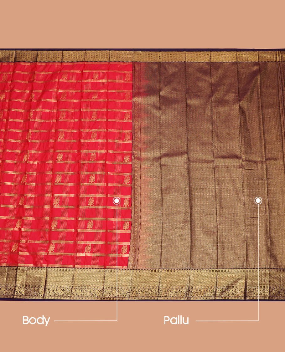 Red Budget Silk Saree Detailed with Zari Buttas and Stripes, Complemented by a Contrast Traditional Zari Border, Zari Embellished Pallu, and Paired with a Contrast Blouse