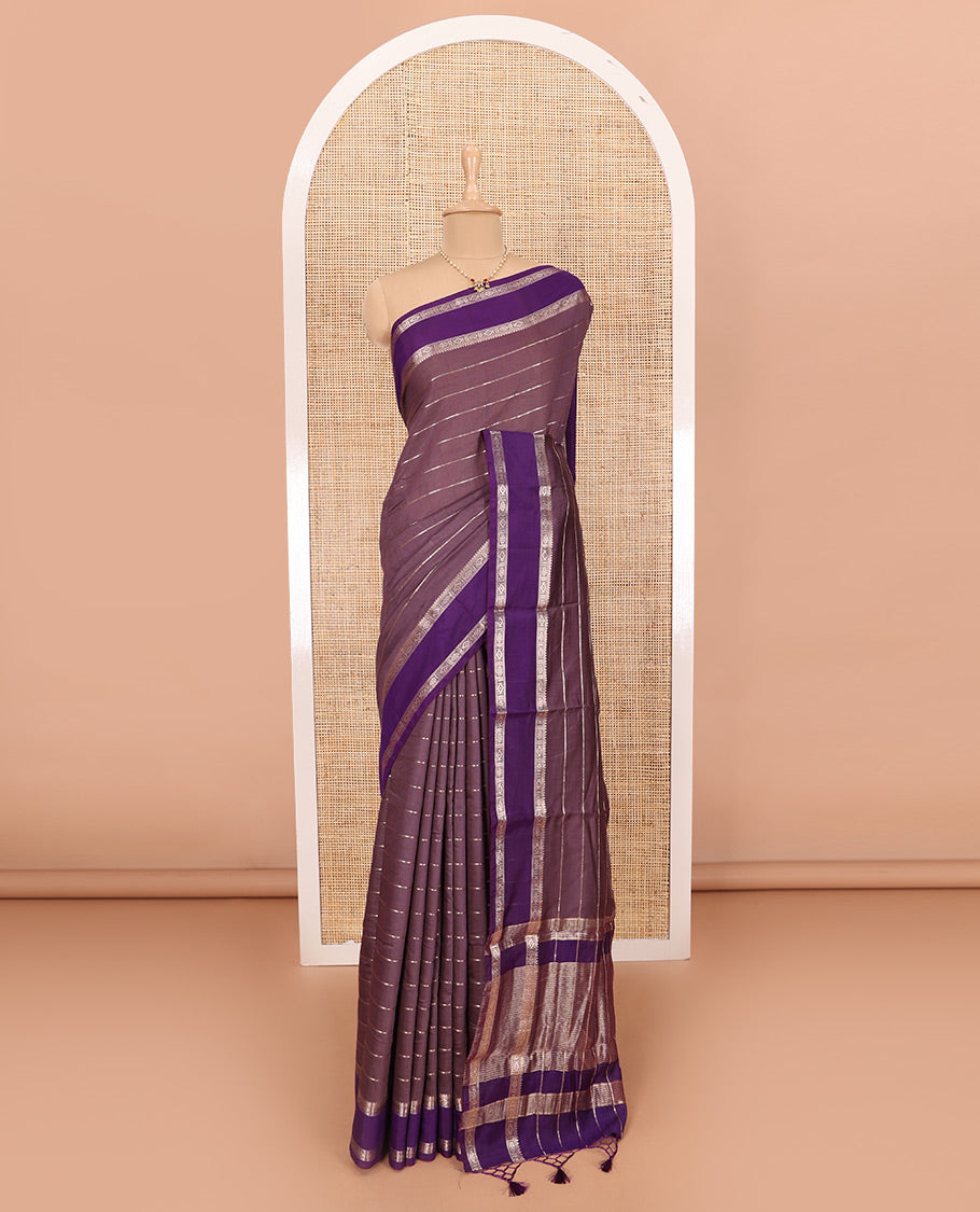Brown Assam Silk Saree Embellished with Zari Stripes, Complemented with a Contrast Traditional Design Border, Zari-Elevated Pallu, and Paired with a Contrast Blouse