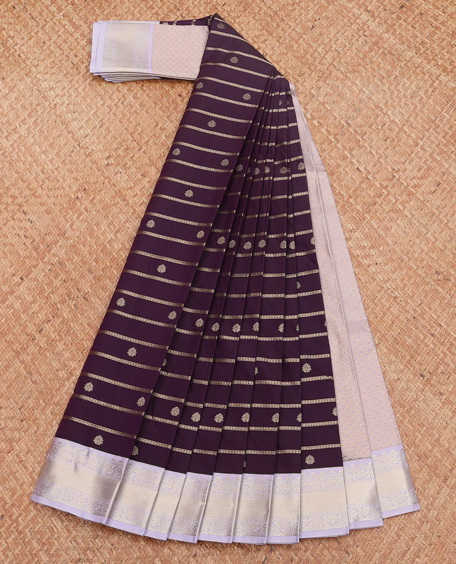 Violet Budget Silk Saree, Enthralled with Zari Buttas, Complemented by a Contrast Traditional Zari Design Border, Jaal Pallu, and a Contrast Blouse