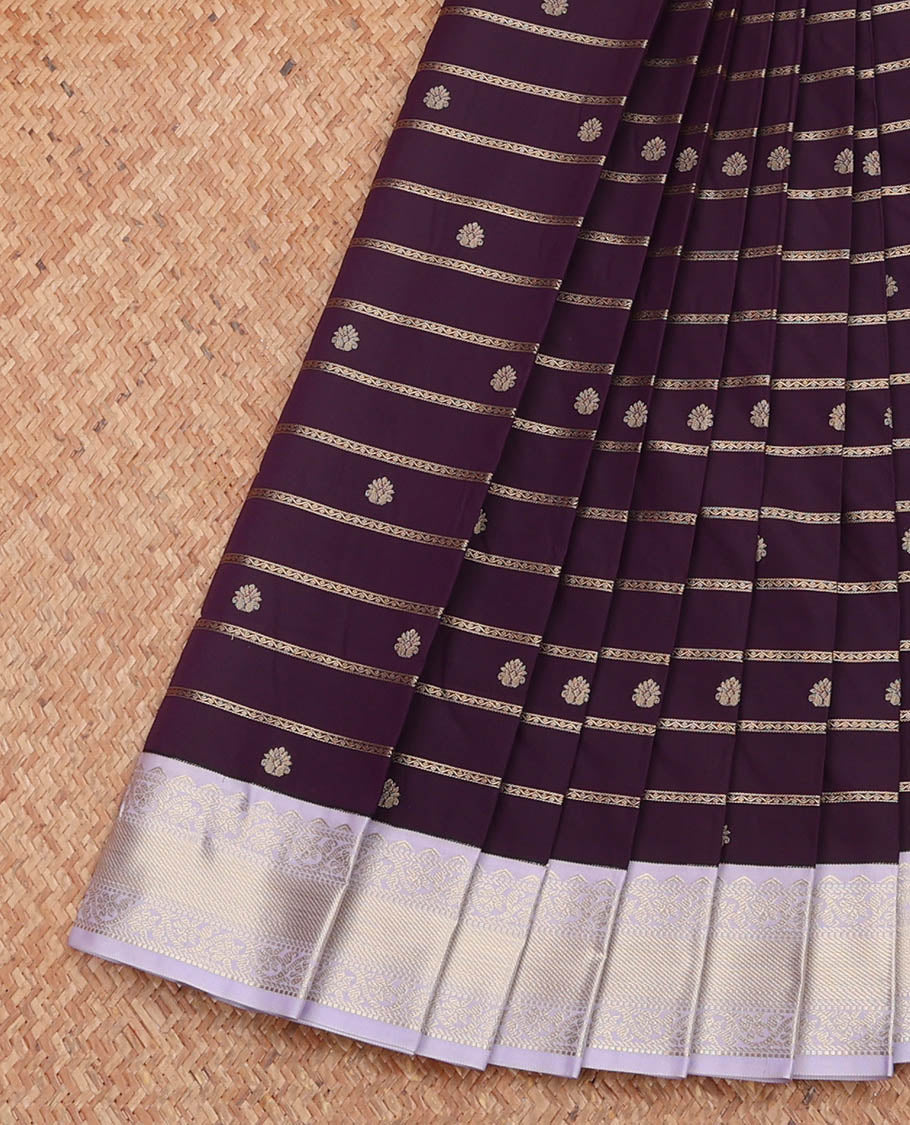 Violet Budget Silk Saree, Enthralled with Zari Buttas, Complemented by a Contrast Traditional Zari Design Border, Jaal Pallu, and a Contrast Blouse