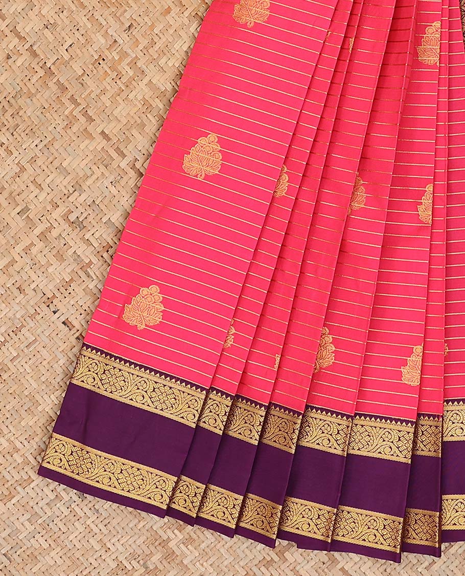 Pink zari buttas and striped gift saree, contrast traditional zari design rettai pettu border, and jaal pallu