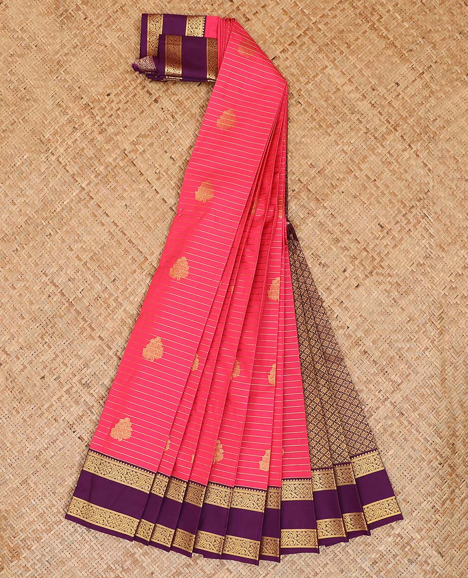 Pink zari buttas and striped gift saree, contrast traditional zari design rettai pettu border, and jaal pallu