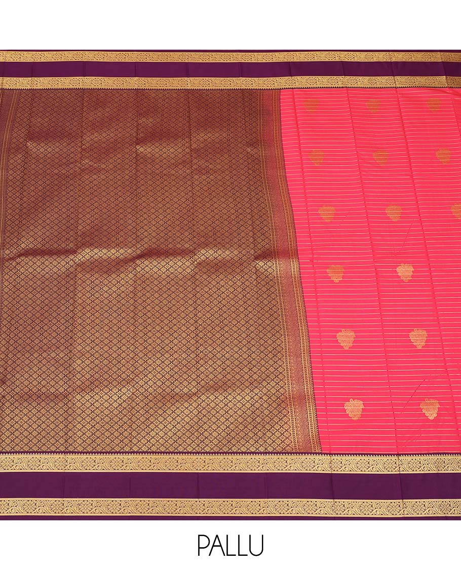 Pink zari buttas and striped gift saree, contrast traditional zari design rettai pettu border, and jaal pallu