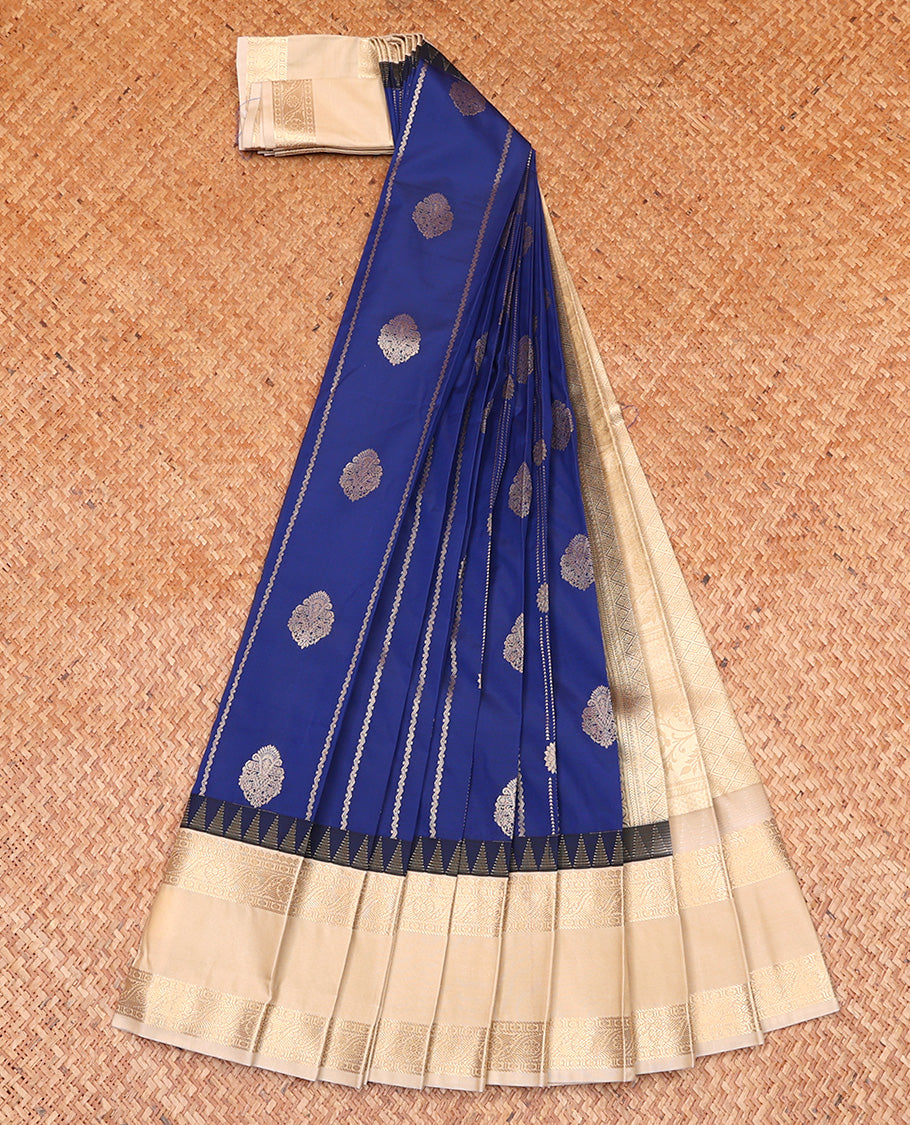 Blue Budget Silk Saree, Bedecked with Zari Buttas and Zari Stripes On Its Body, Complemented by Temple Rettai Pettu Traditional Zari Designs Woven Border, Grand Mughal-style Intricately Woven Pallu, and Paired with a Contrast Blouse