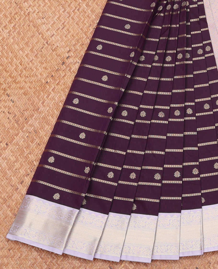 Purple Budget Silk Saree, Embellished with Zari Buttas and Stripes, Complemented by a Contrast Traditional Zari Border, Grand Pallu, and a Contrast Blouse