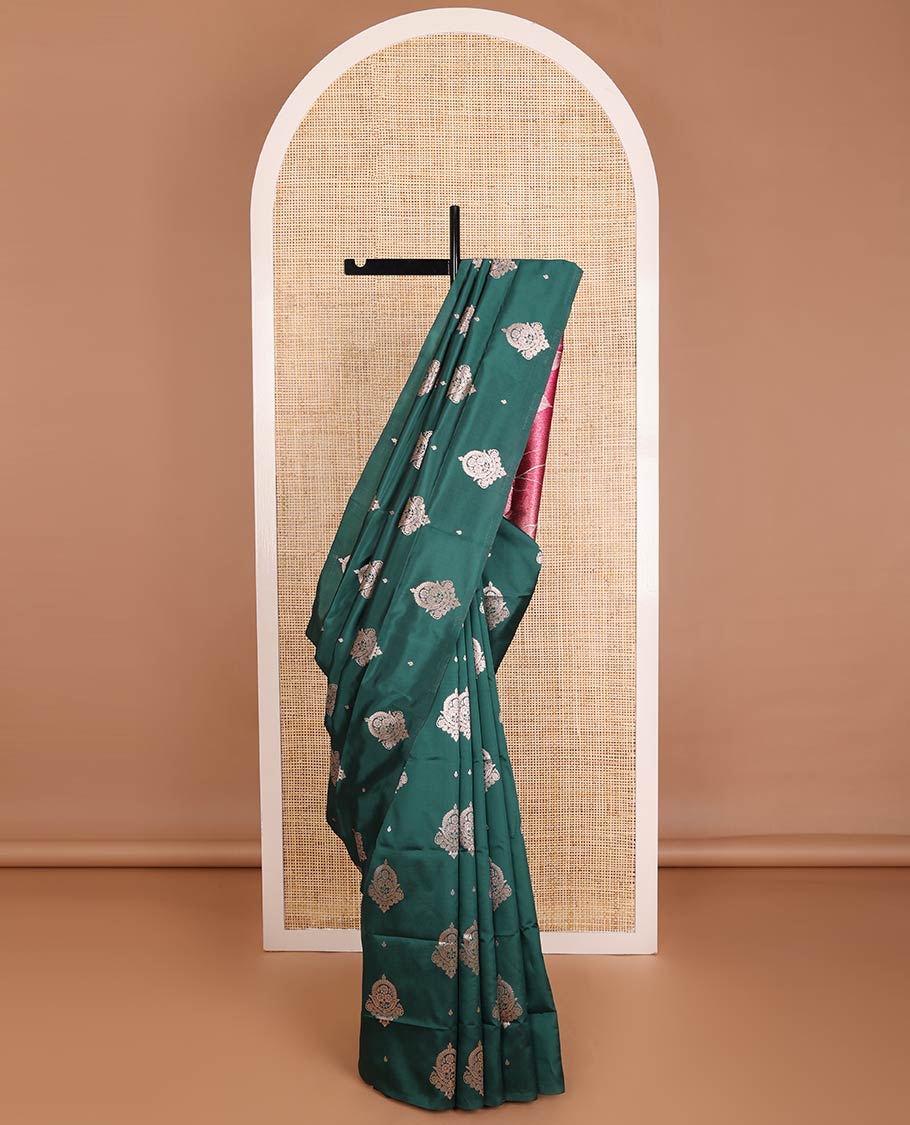 Borderless bottle green zari buttas butter silk saree, contrast rose floral design weave pallu