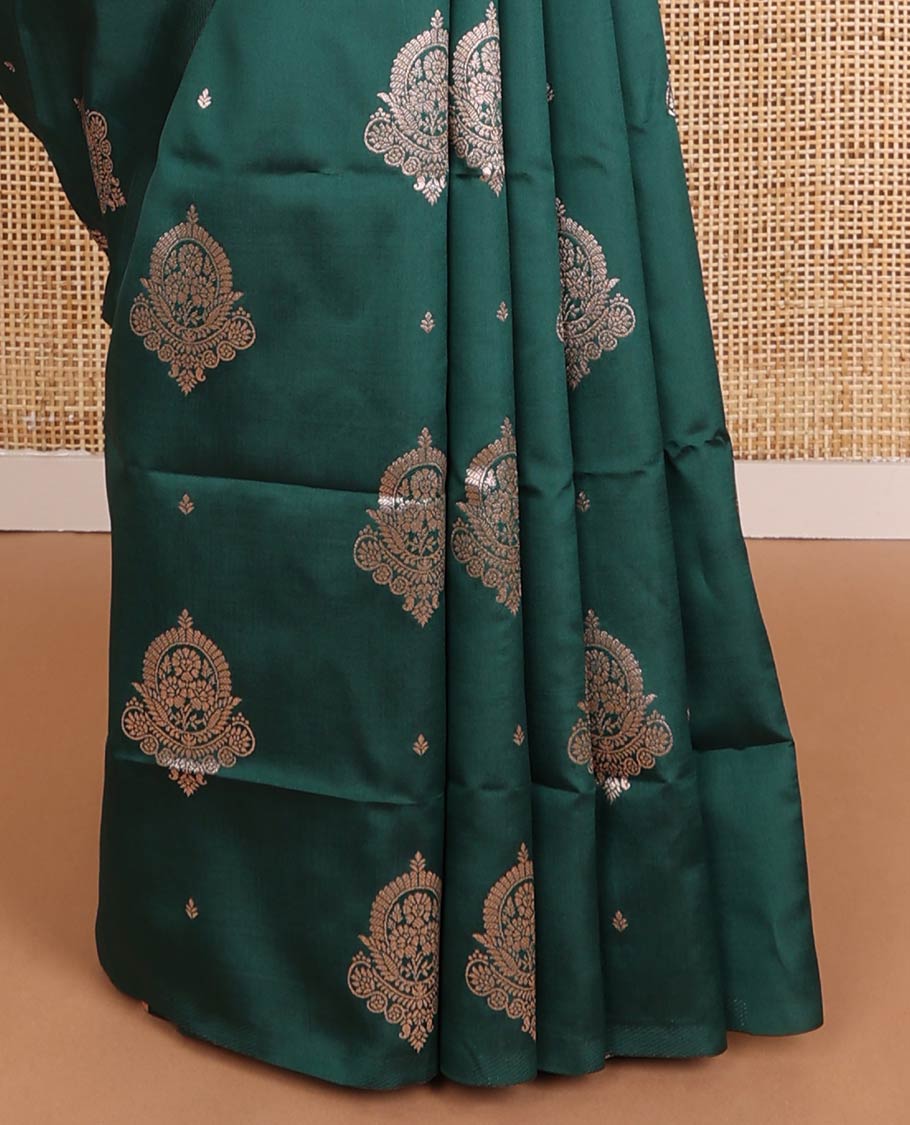 Borderless bottle green zari buttas butter silk saree, contrast rose floral design weave pallu