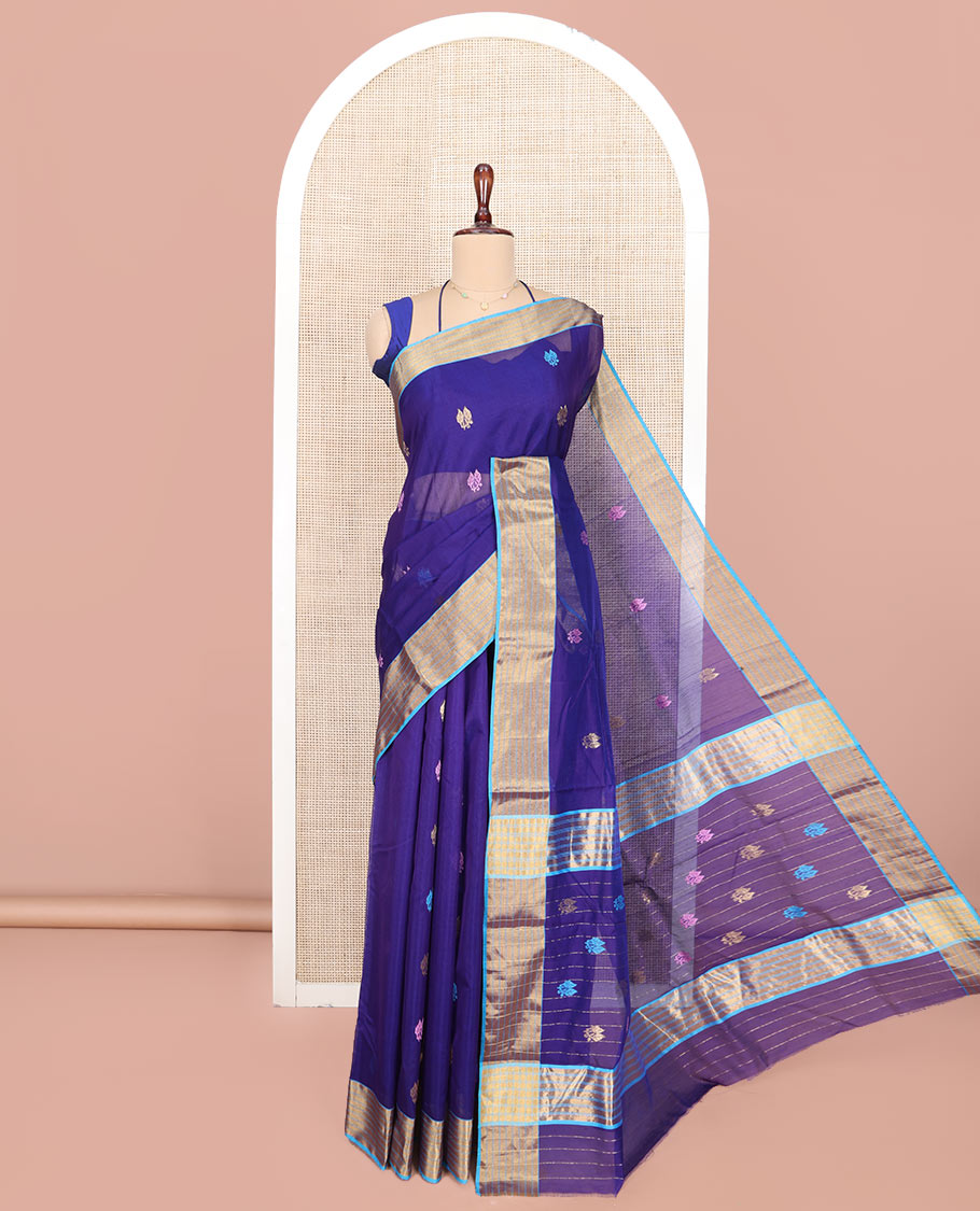 Blue Chanderi Cotton Saree, Enlivened with Leaf Buttas All Over Its Body, Complemented by a Contrast Zari Border, Pallu Steeped with Buttas and Stripes, and Paired with a Matching Blouse