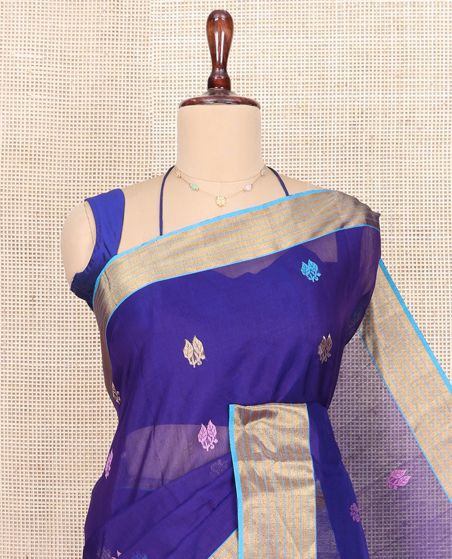 Blue Chanderi Cotton Saree, Enlivened with Leaf Buttas All Over Its Body, Complemented by a Contrast Zari Border, Pallu Steeped with Buttas and Stripes, and Paired with a Matching Blouse