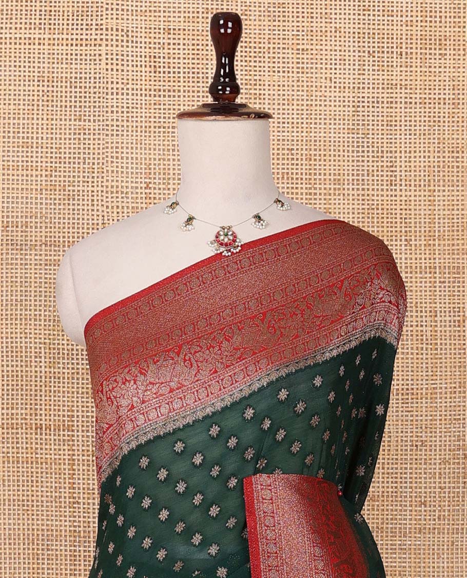 Black buttas woven fancy crepe saree, contrast traditional zari border & animal motifs pallu