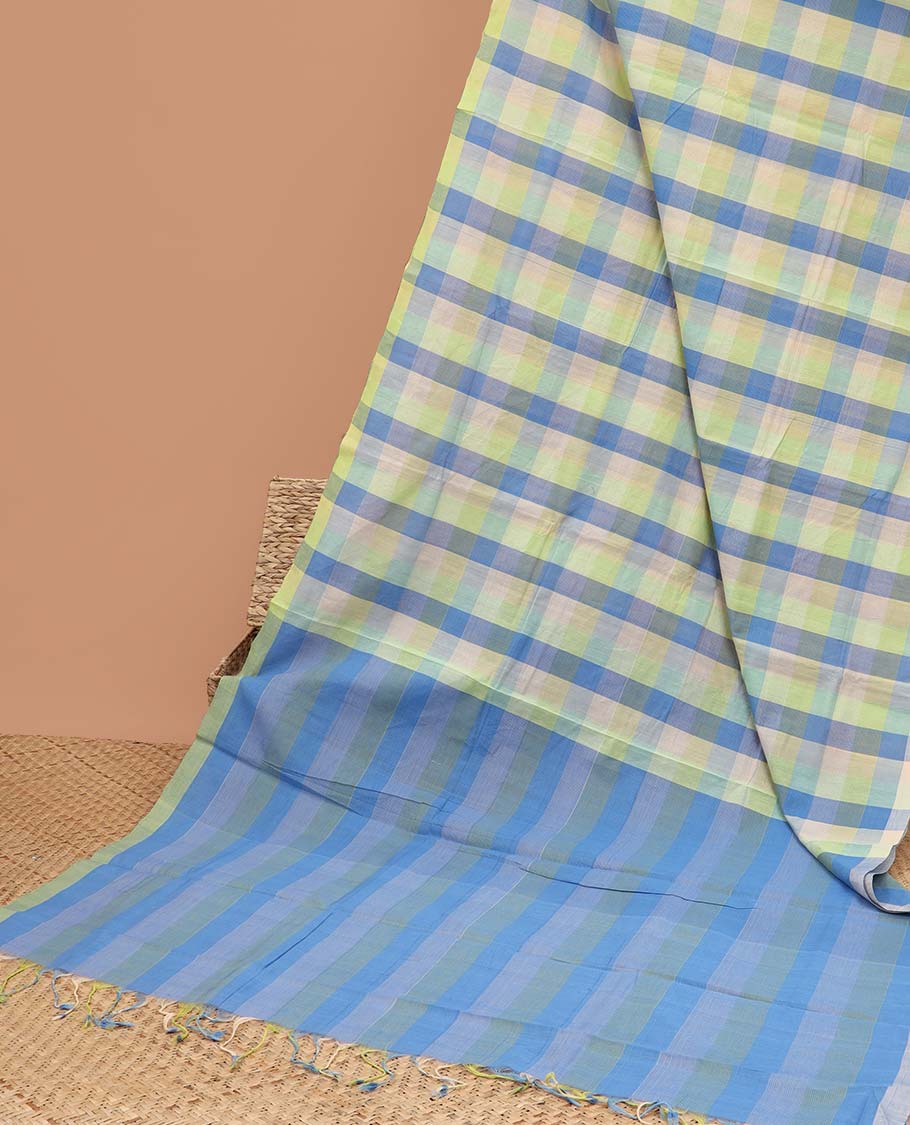 Multi checked mangalagiri cotton saree with xontrast striped border & striped pallu