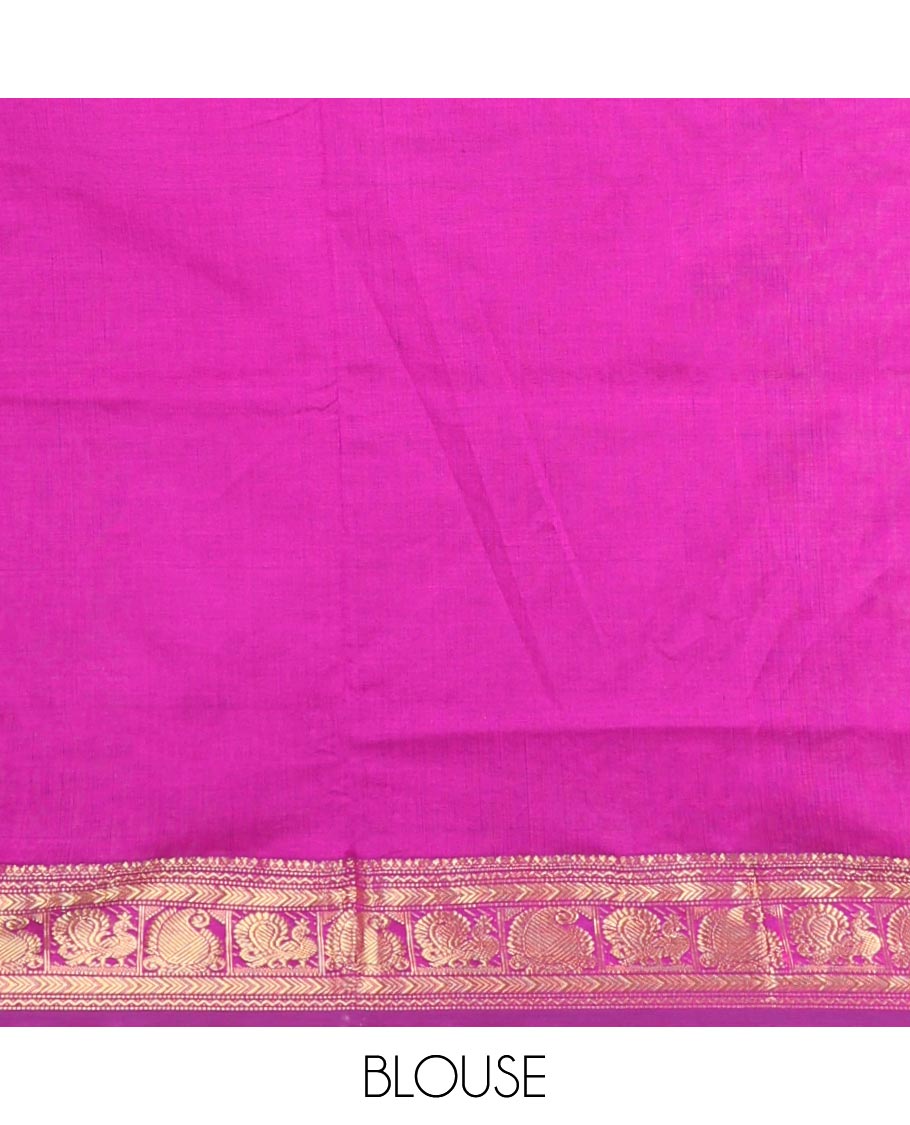 Mango Yellow Plain Poly Cotton Saree, Complemented by a Contrast Traditional Zari Design Border, Pallu of Stripes, and Paired with a Contrast Blouse