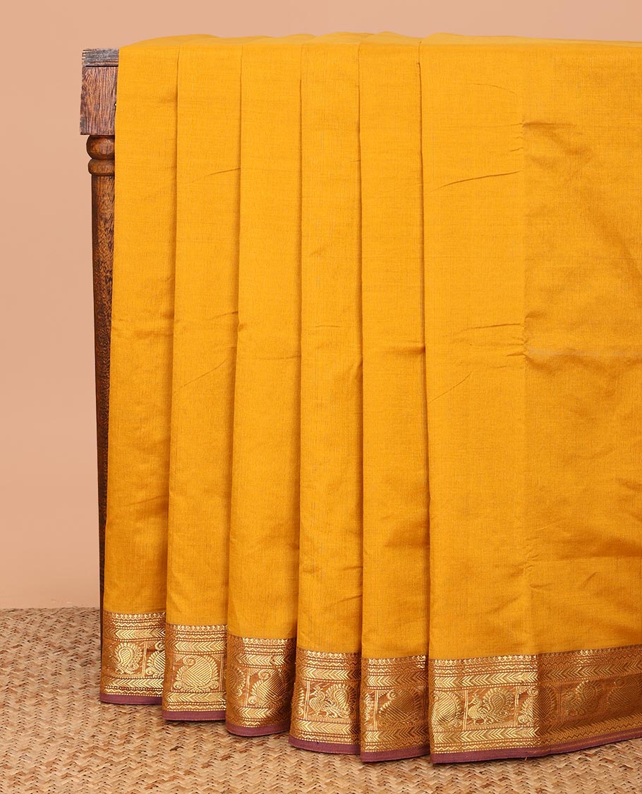 Mango Yellow Plain Poly Cotton Saree, Complemented by a Contrast Traditional Zari Design Border, Pallu of Stripes, and Paired with a Contrast Blouse