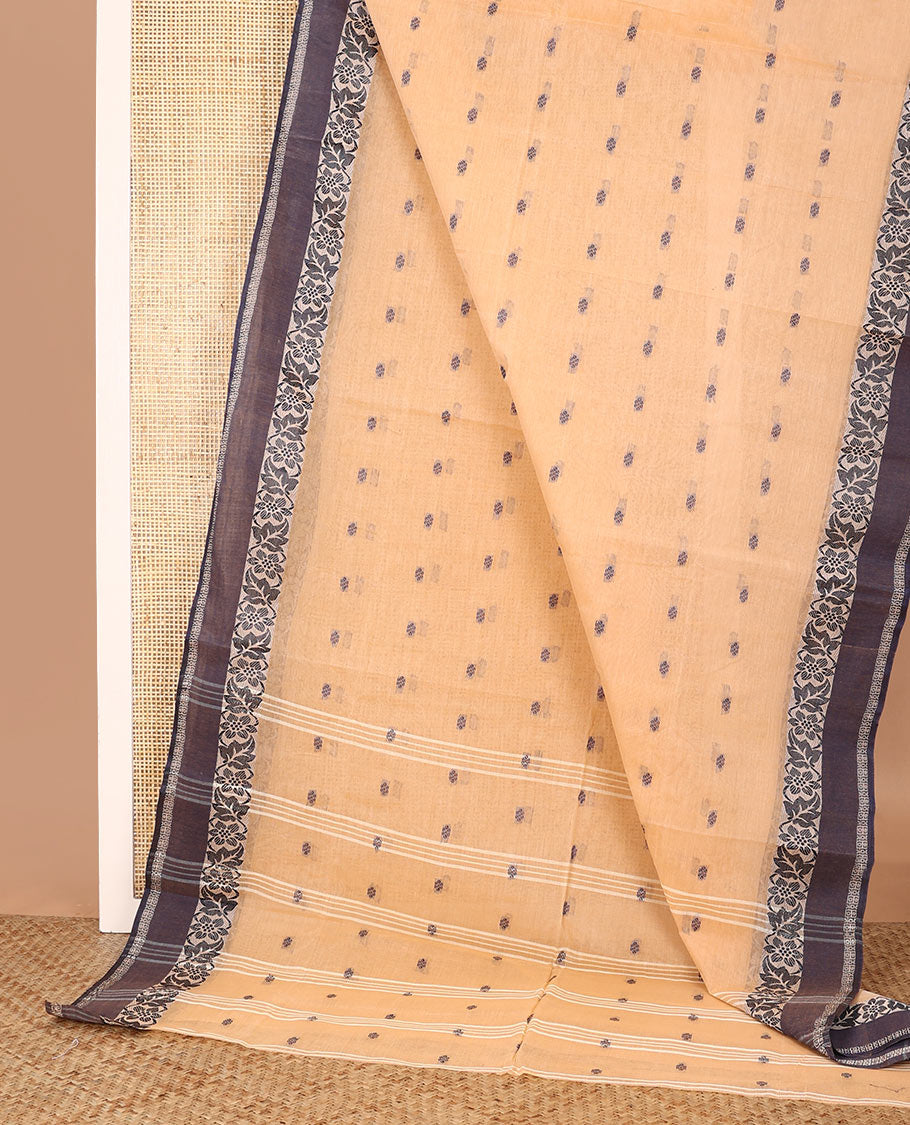 Light orange buttas Bengal cotton saree, contrast floral creeper border, and pallu of stripes, and buttas