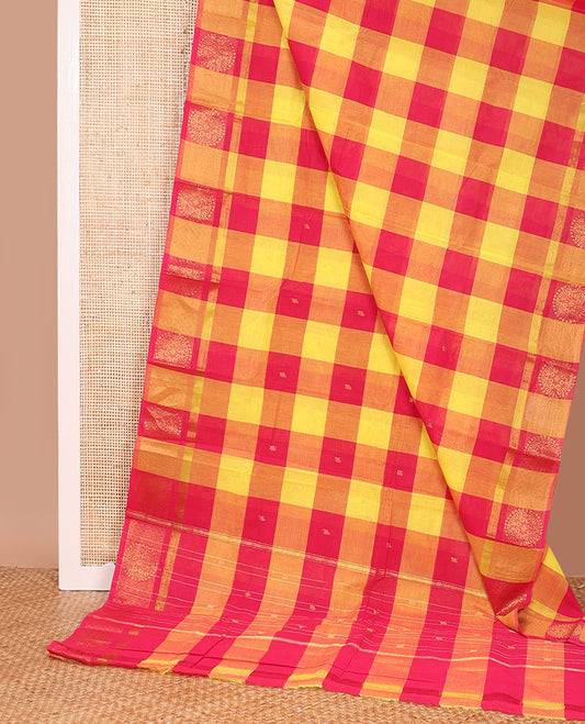 Multi-color checked and buttas Chettinad cotton saree, chakram border, and pallu of stripes and buttas