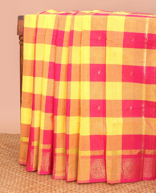 Multi-color checked and buttas Chettinad cotton saree, chakram border, and pallu of stripes and buttas
