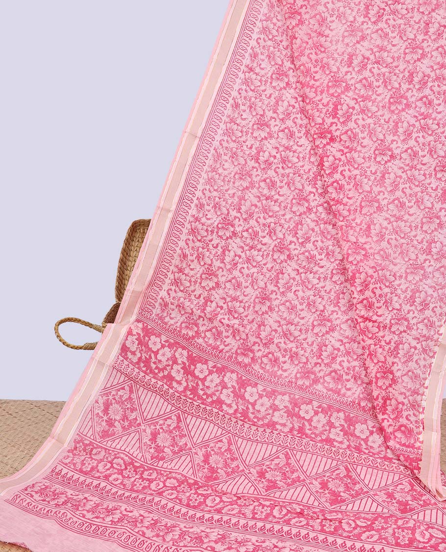 Pink floral printed budget cotton saree, self-border & intricately printed pallu