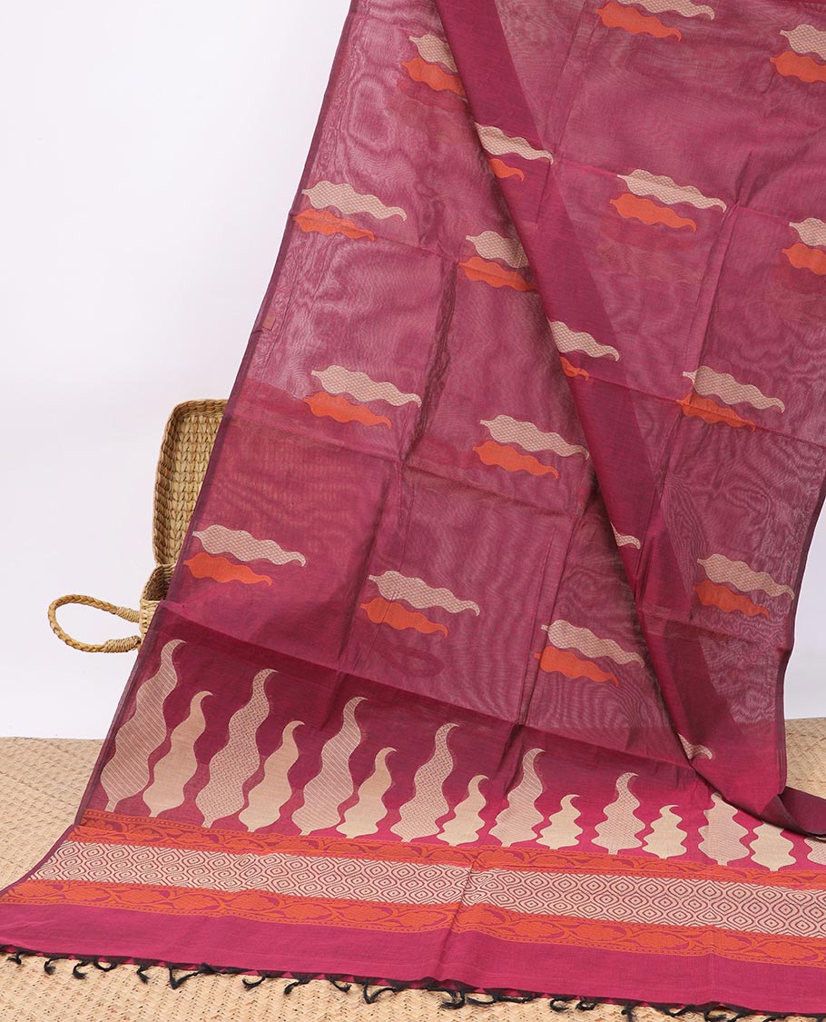 Borderless maroon tree motifs Coimbatore cotton saree, self-pallu of tree motifs, jaal & floral creeper design