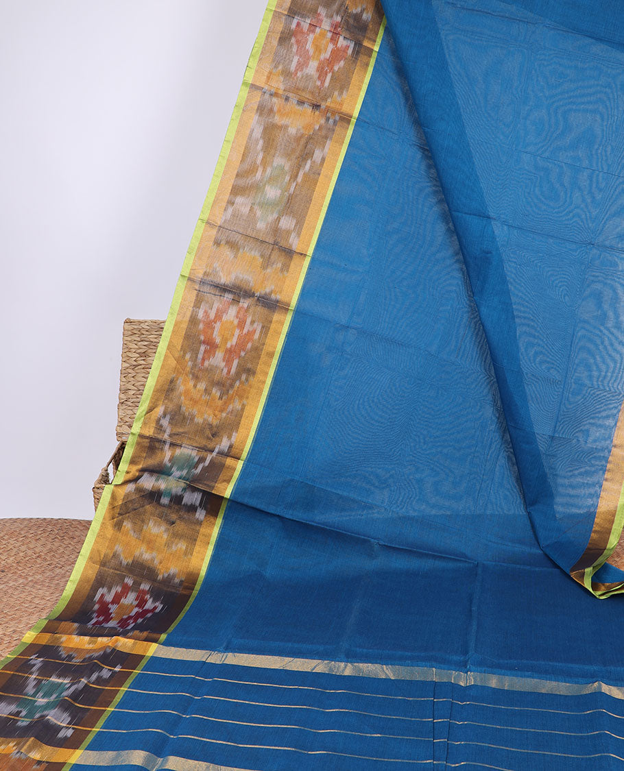 Blue plain venkatagiri cotton saree with self floral design border & striped pallu