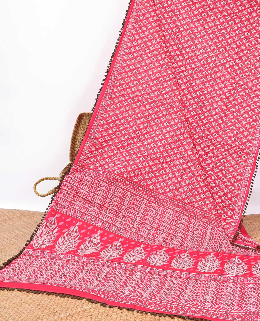 Pink floral design mul mul cotton saree with self geometric design border & floral, geometric design pallu