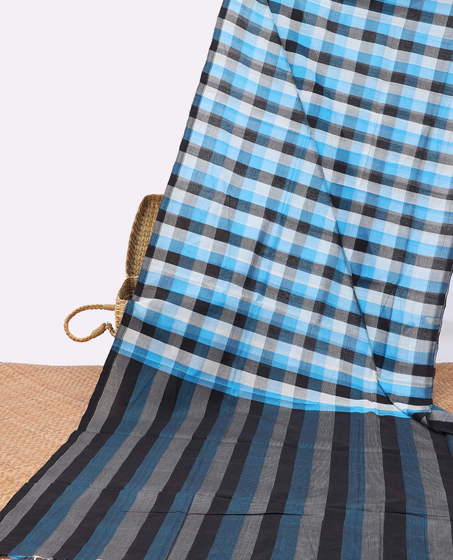 Borderless multi-color checkered design mangalgiri cotton saree striped pallu