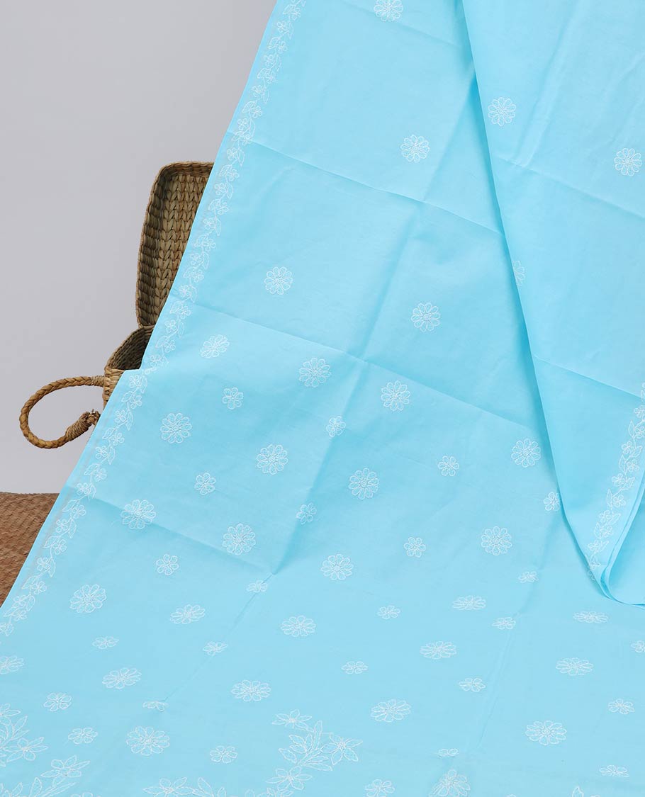 Blue all over flower embroidery lucknowi chikankari cotton with floral vine border