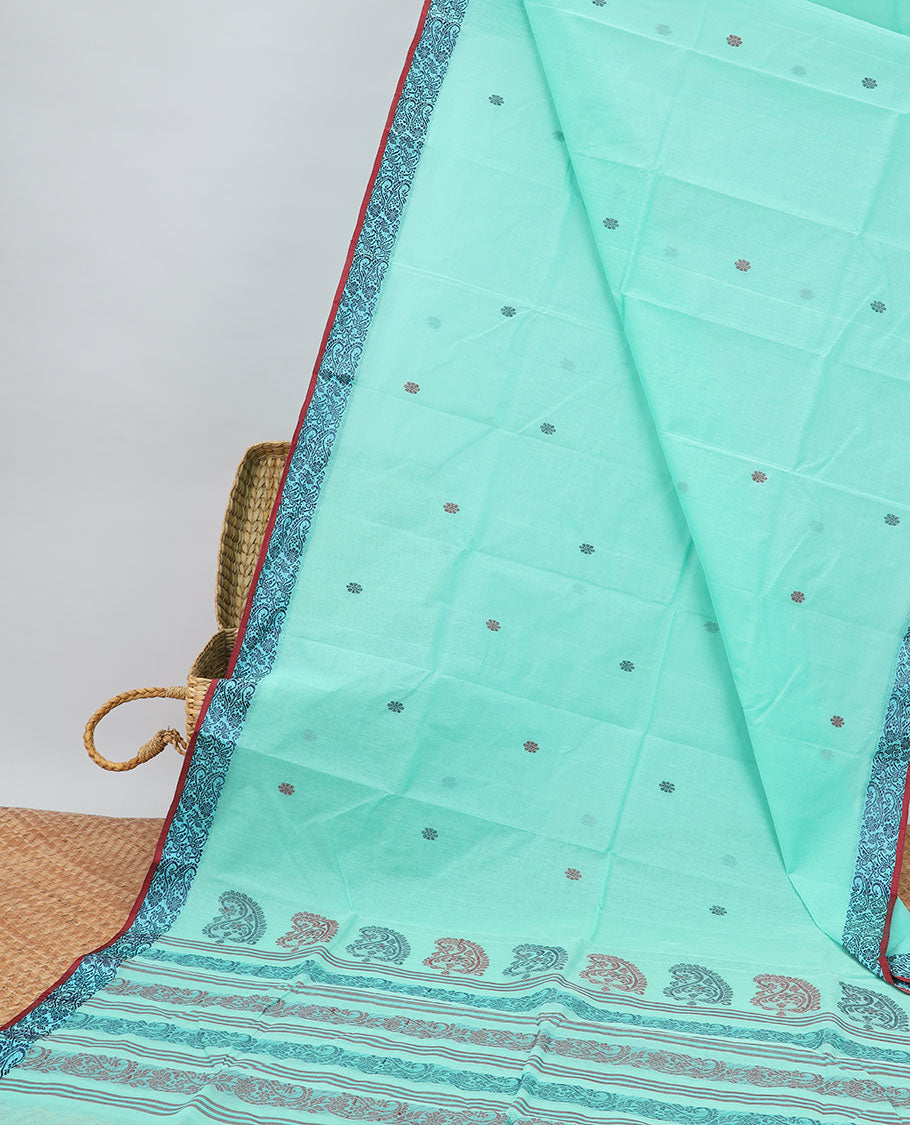 Green floral motifs Bengal cotton saree with self intricate design border & floral, striped design pallu