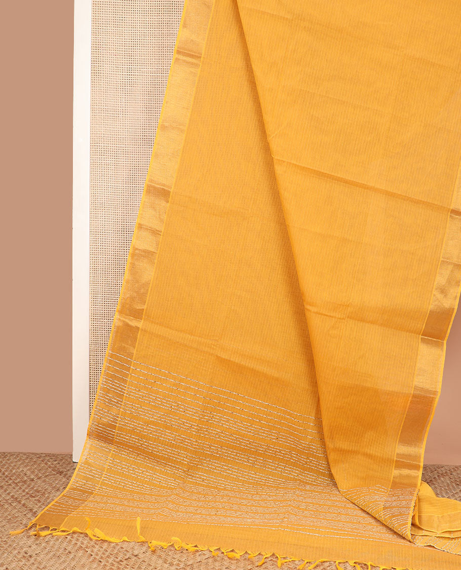 Yellow sparsely striped jute cotton saree, zari border, and striped pallu