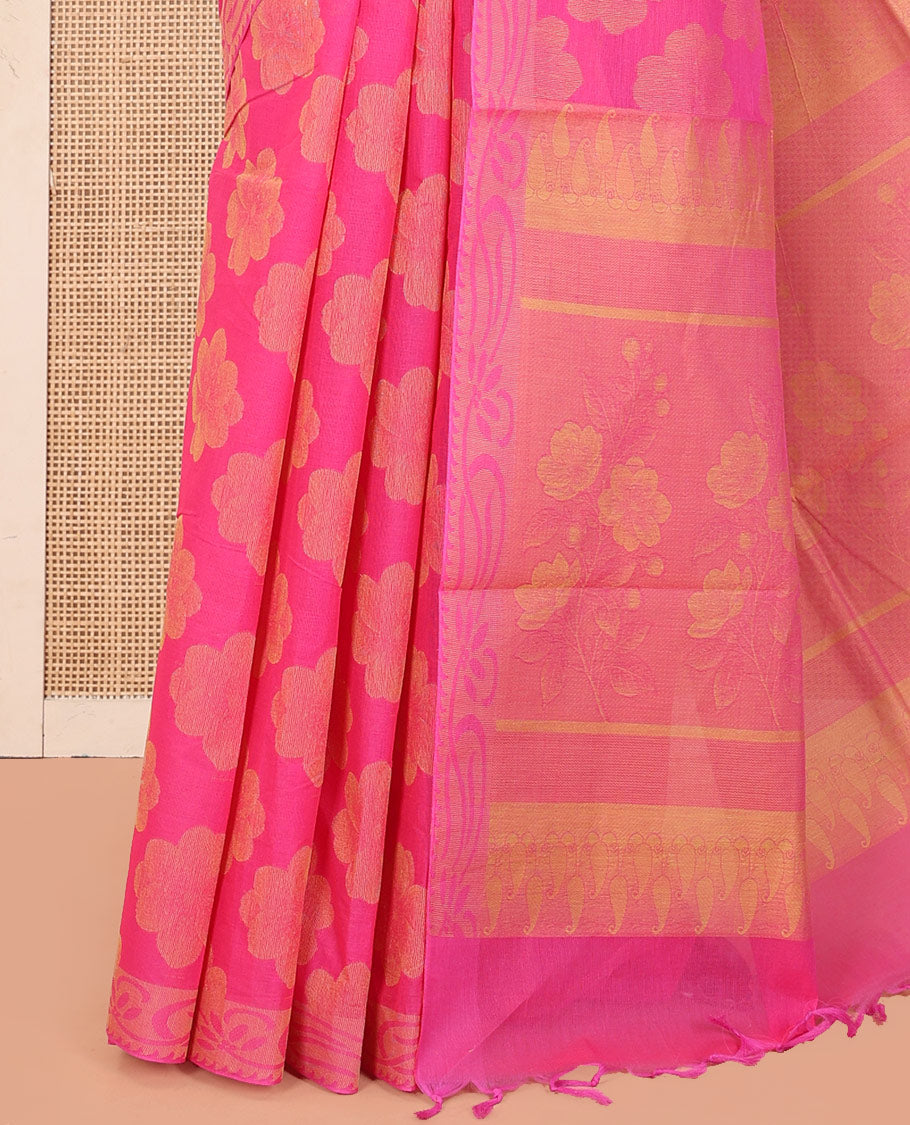 Pink Coimbatore Cotton Saree, Bedecked with Flower Buttas on Its Body, Subtle Self-Border, Pallu of Floral Designs, and Paired with a Matching Blouse