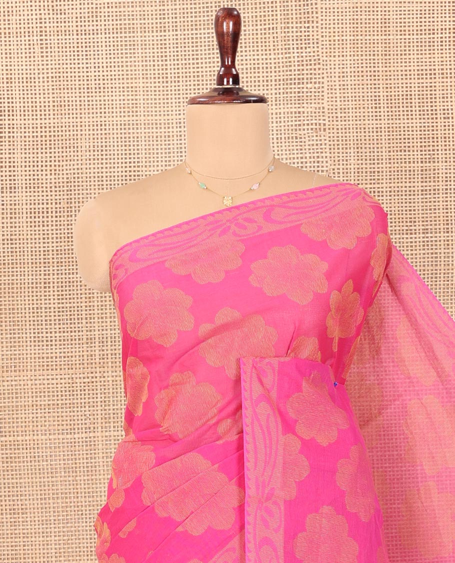 Pink Coimbatore Cotton Saree, Bedecked with Flower Buttas on Its Body, Subtle Self-Border, Pallu of Floral Designs, and Paired with a Matching Blouse