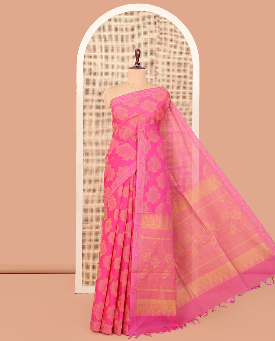Pink Coimbatore Cotton Saree, Bedecked with Flower Buttas on Its Body, Subtle Self-Border, Pallu of Floral Designs, and Paired with a Matching Blouse
