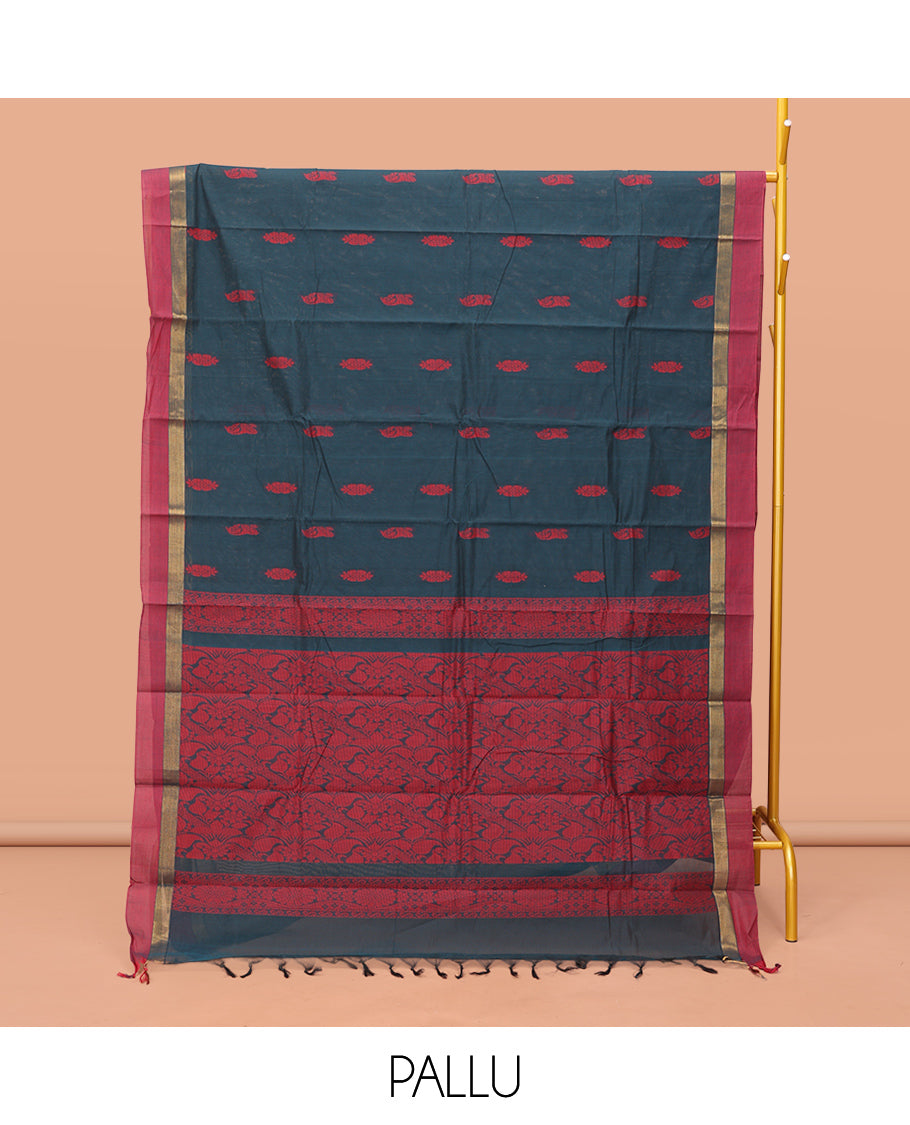 Peacock Blue Kanchi Cotton Saree, Featuring Buttas on Its Body, Contrast Border, Pallu of Floral Design, and a Matching Blouse