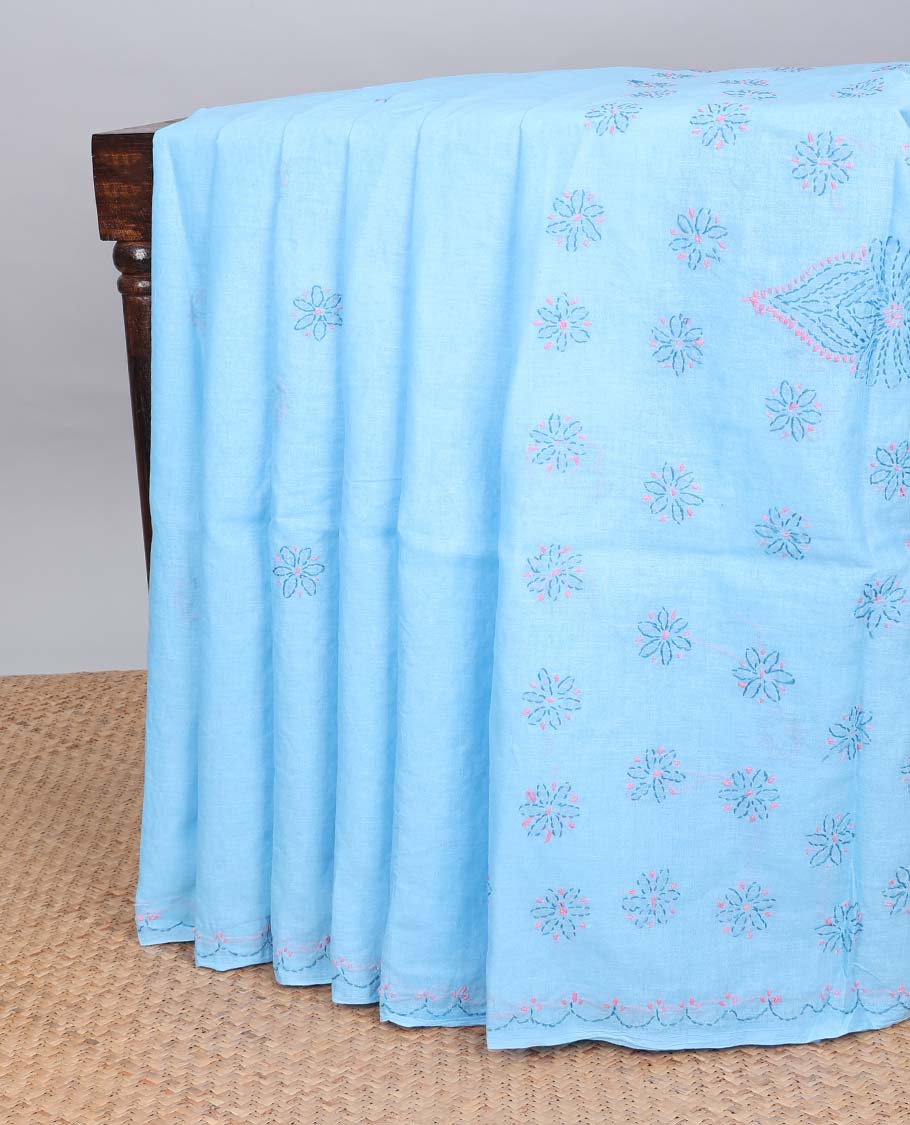 Blue floral embroidery lucknowi chikankari cotton saree,self scallop design border & pallu of floral, paisley embroidery