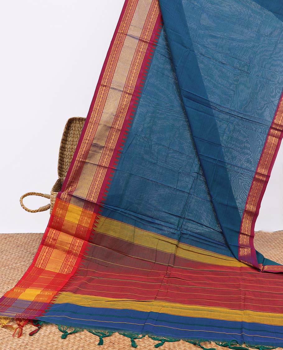 Blue narayanapet cotton saree with contrast traditional border and striped pallu