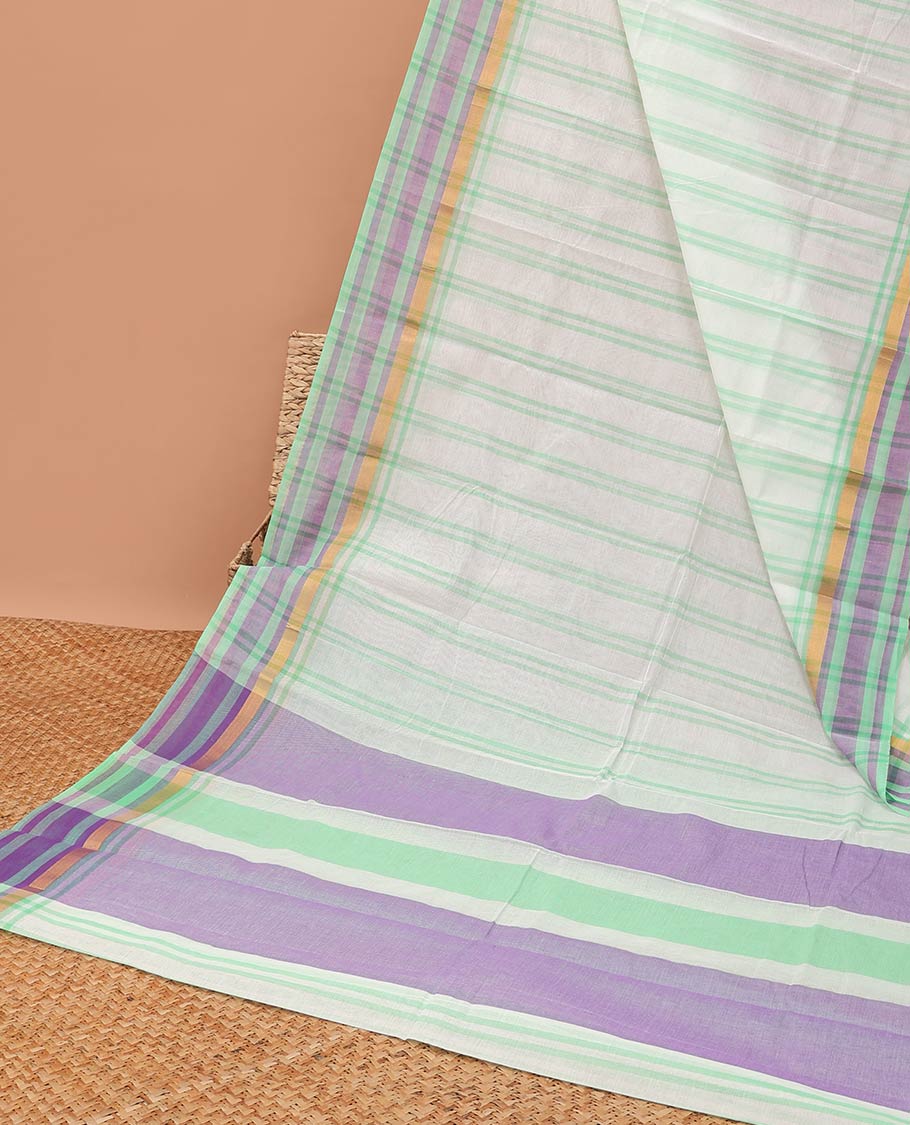 Cream striped chirla cottton saree with contrast checked border & striped pallu
