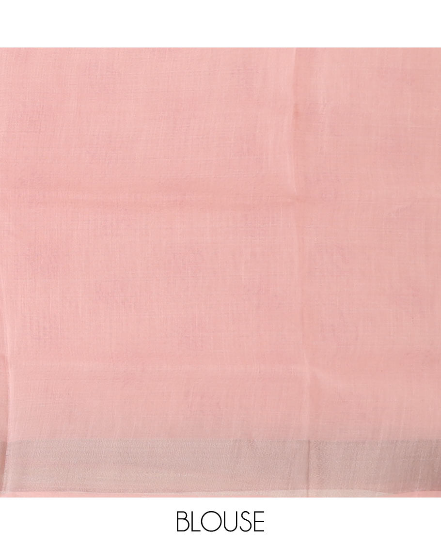 Pale pink leaf motifs printed cotton saree, zari border and pallu of stripes and leaf motifs