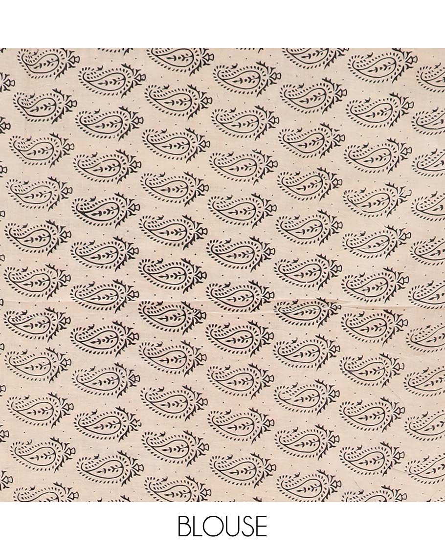 Black pichwai cow and lotus machine printed kalamkari cotton saree, contrast pichwai cow border, and pallu of peacock-geometric print