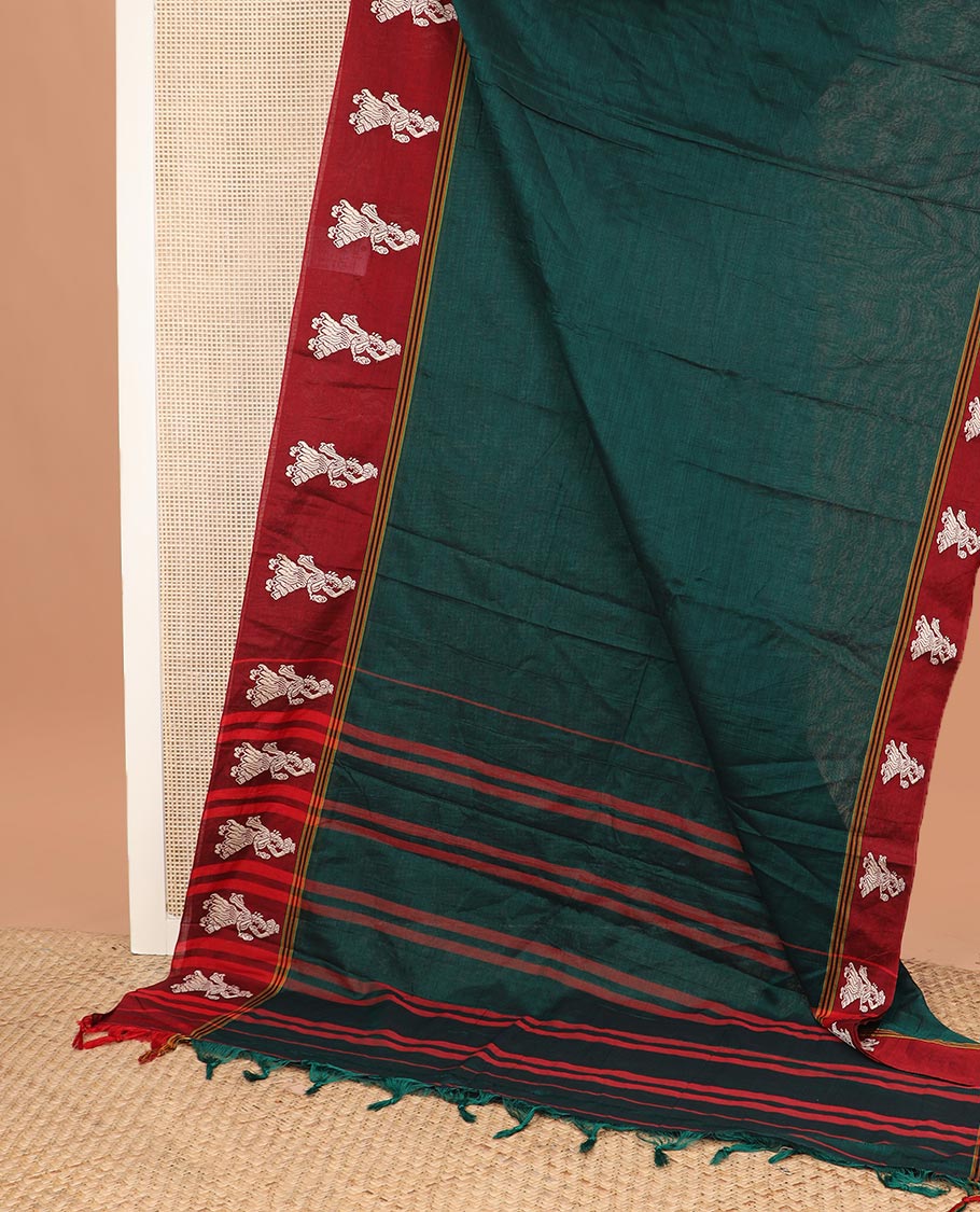Green plain Narayanapet cotton saree, contrast girl motifs border, and striped pallu