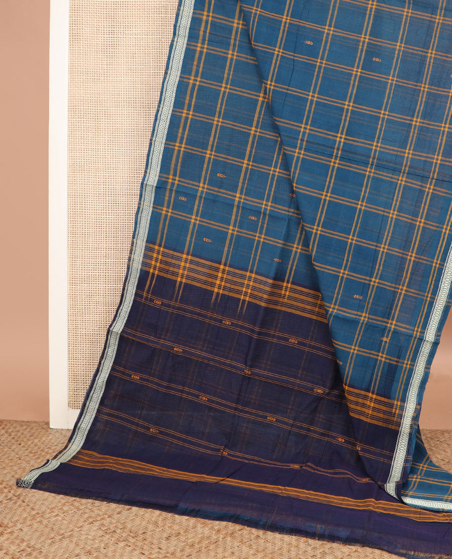 Blue buttas and checked Andhra cotton saree, traditional border, and contrast pallu of stripes and buttas