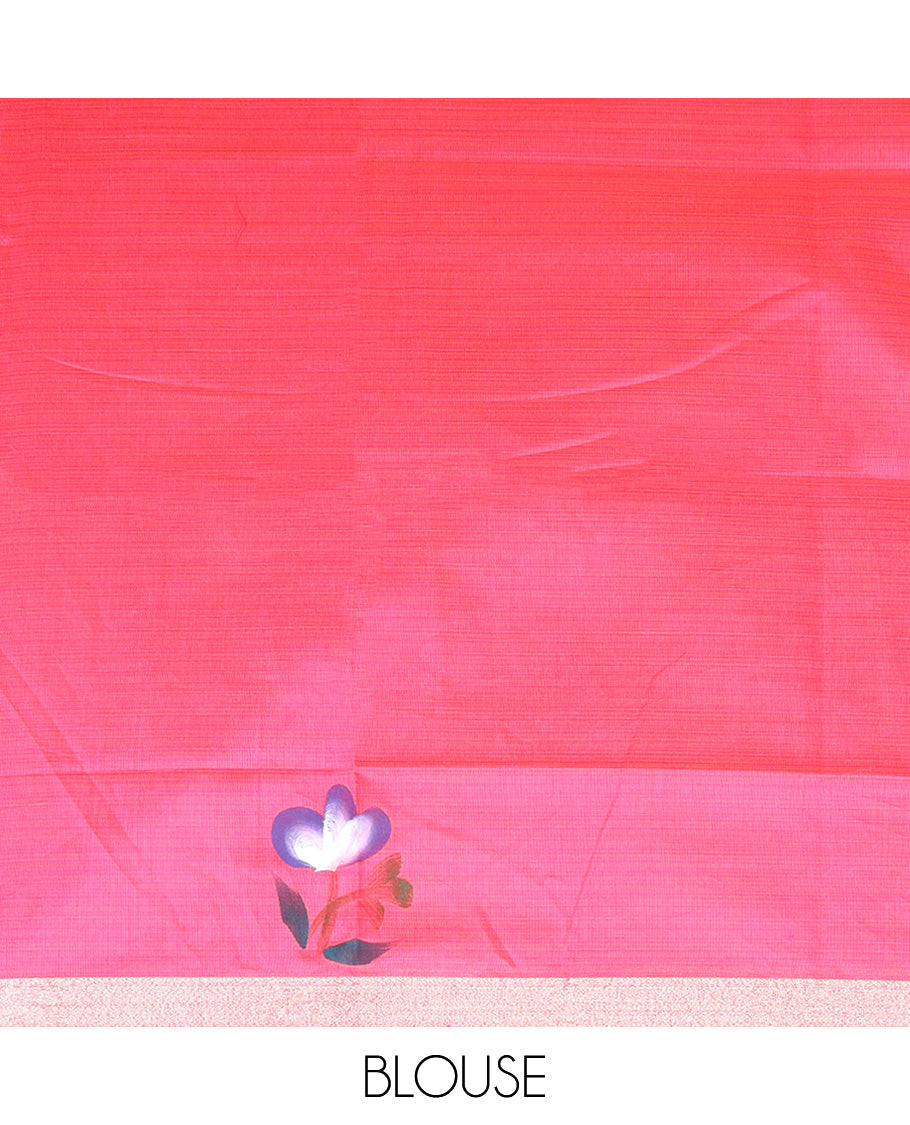 Sandal hand brush painting style floral printed chirala cotton saree, plain border, and contrast floral printed pallu