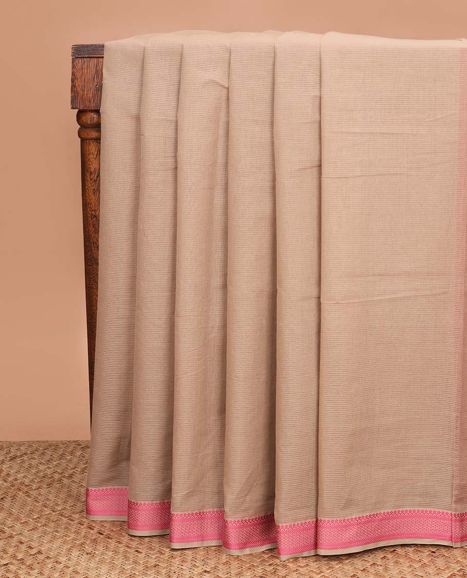 Fawn plain Mangalagiri cotton saree, traditional thread border and striped pallu