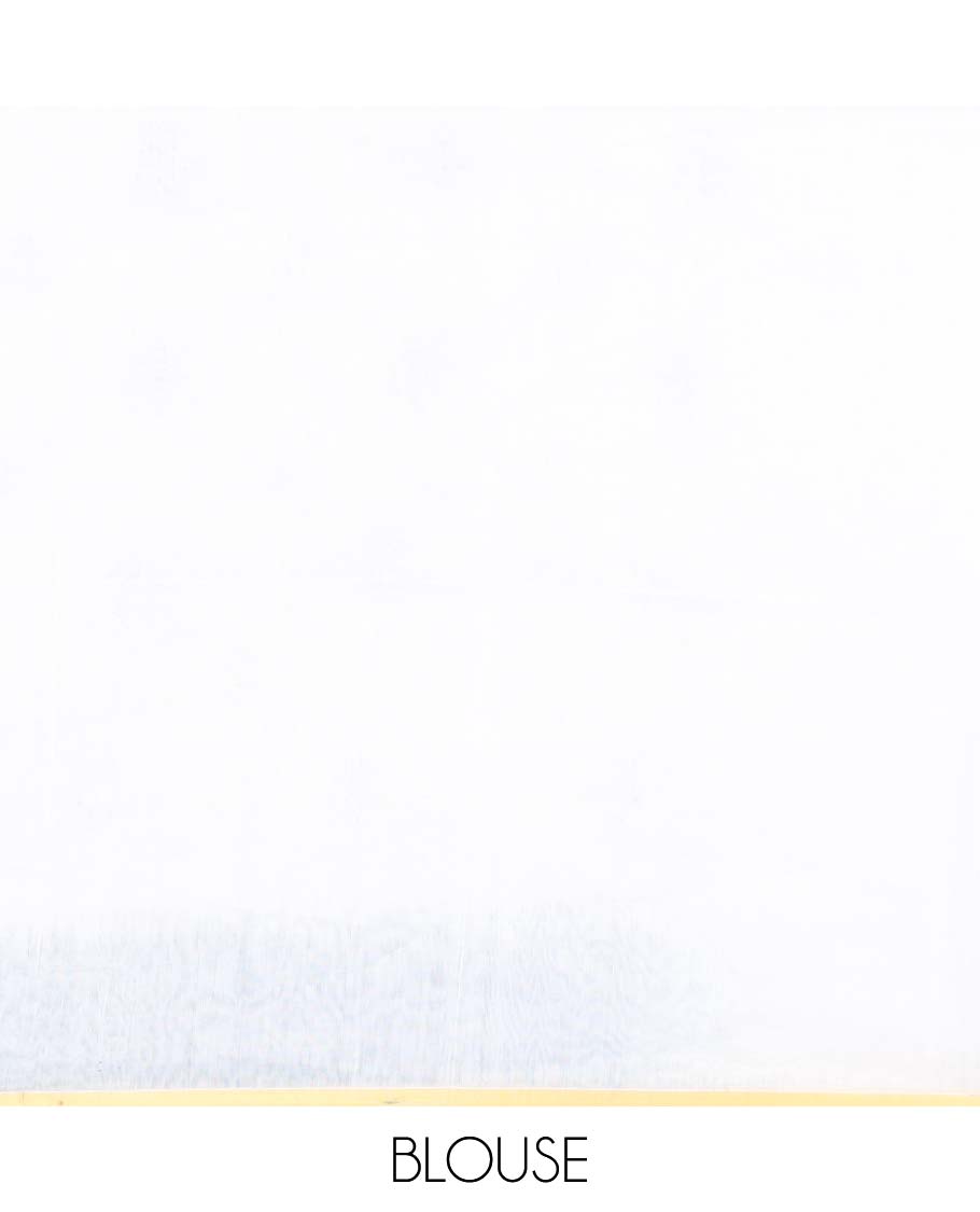 White and royal blue motifs printed linen cotton saree, contrast temple geometric patterns printed border, and pallu of human doll and geometric print