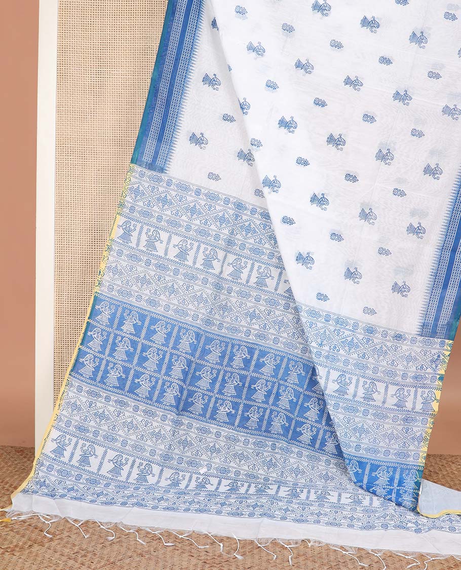 White and royal blue motifs printed linen cotton saree, contrast temple geometric patterns printed border, and pallu of human doll and geometric print