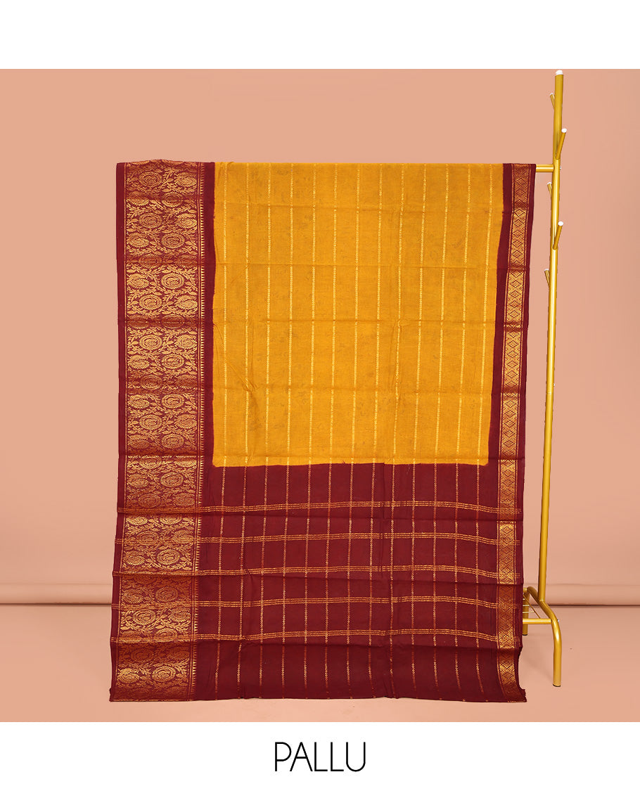 Yellow Sungudi Cotton Saree, Adorned with Stripes on Its Body, Complemented by a Contrast Border of Round Peacock and Floral Vine Designs, Zari Striped Pallu, and Has No Blouse