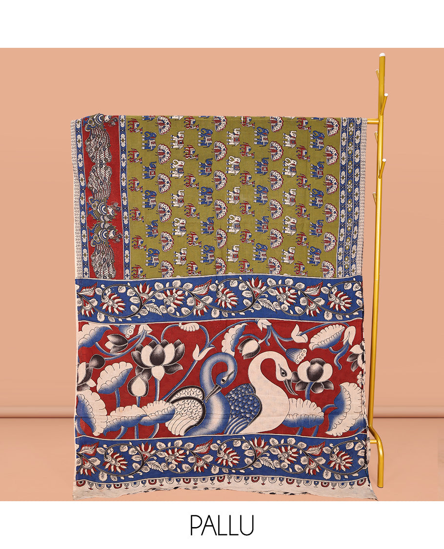 Green Machine-Printed Kalamkari Cotton Saree, Accentuated with Peacock, Elephant, and Camel Motifs on Its Body, Complemented by a Contrast Border of Peacock Print, Pallu of Leaf Print, and Paired with a Printed Blouse