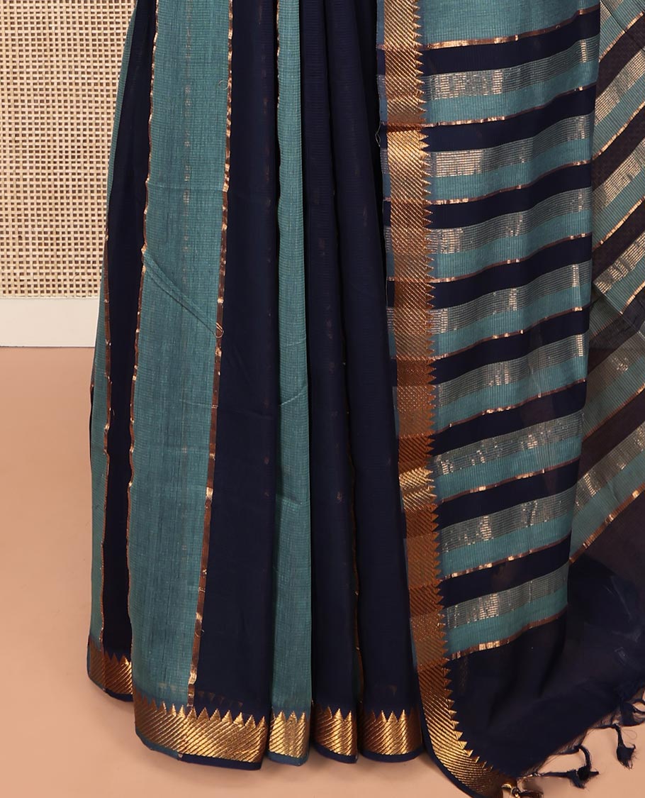 Navy Blue-Blue Mangalgiri Cotton Saree, Gleamed Up with Stripes on Its Body, Highlighted by Zari Temple Border, Zari-Striped Pallu, and Paired with a Matching Blouse